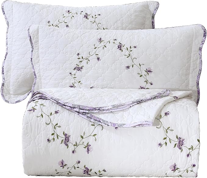 vctops 3-Piece Elegant Floral Embroidered Bedspread Coverlet Set Twin Size 100% Cotton Reversible Patchwork 1 Quilt and 2 Pillow Shams (Purple,Twin)