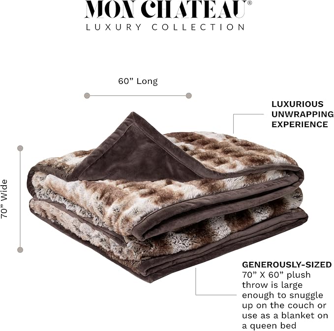 Mon Chateau 60" x 70" Reverie Faux Fur Throw, Reversible Soft Blanket for Queen-Size Bed, Couch, or Sofa, Cozy Home Decor and Stylish Living Room Comfort, Cedarwood Ruched