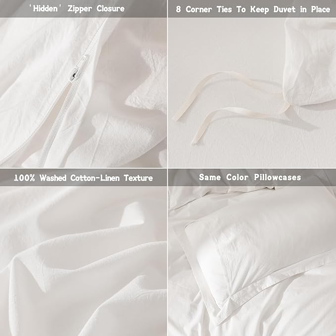 Off White Duvet Cover Super Queen Size 100% Washed Cotton Bedding Set Cover 1 Duvet Cover Zipper Closure and 2 Pillowcases, 98inchx90inch