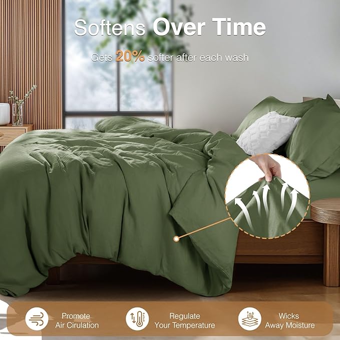 SONORO KATE 100% French Linen Duvet Cover Queen Size, Soft Breathable for Hot Sleepers, Moisture Wicking & Durable Cover Set - Zipper Closure & 4 Corner Ties Duvet Covers 3 Piece (Olive Green,Queen)