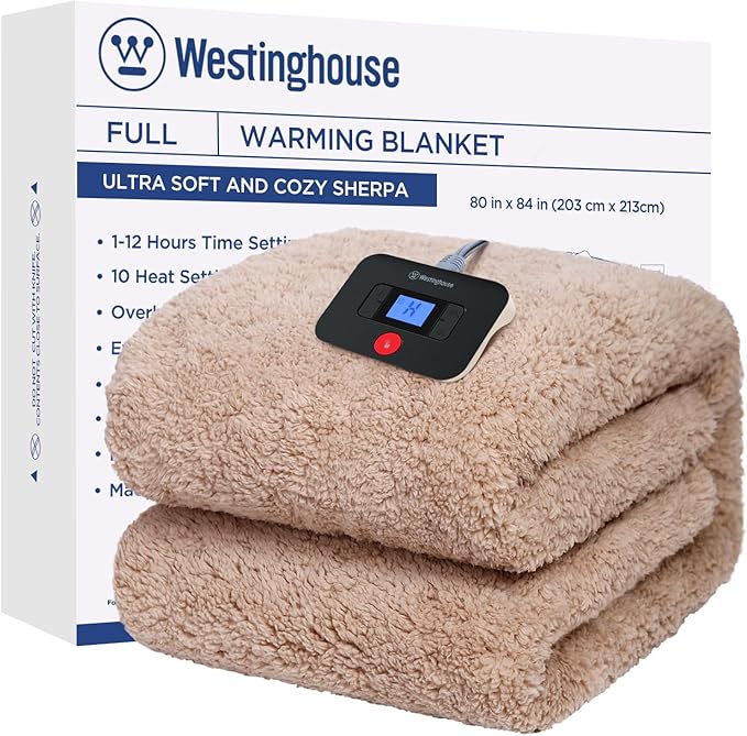 Westinghouse Electric Blanket Full Size, Soft Plush Sherpa Heated Blanket with 10 Heating Levels & 1-12 Hours Auto-Off, Machine Washable, 80x84 inches, Camel