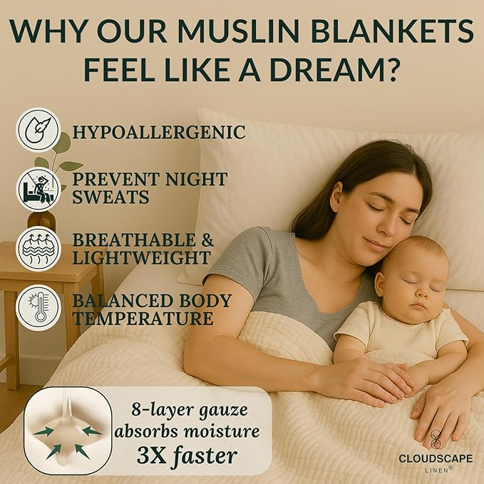 Cloud Scape Linen 8-Layer Muslin Blanket Queen Size - 100% Cotton, Soft and Breathable, Oversized Winter Blanket, Fits up to Full Size Bed, 92x92, Ivory