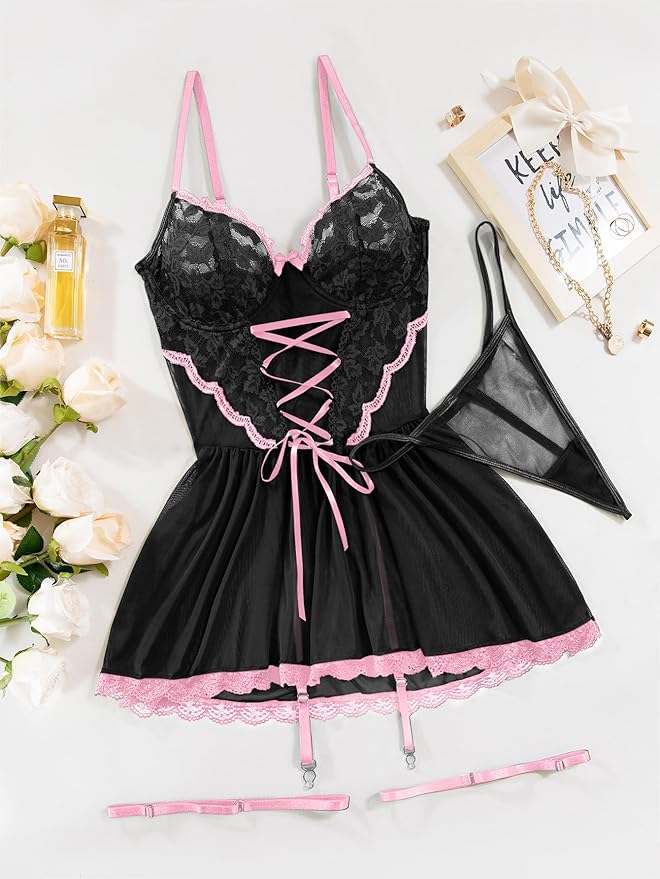 Lilosy Sexy Garter Belt Mesh Lace Babydoll Lingerie Dress Set with Thong