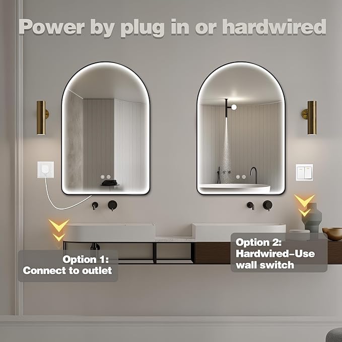 Niccy Arched LED Bathroom Mirror, 48"x30" Black Framed Arch Wall Lighted Mirrors, Arching Frontlit Vanity-Mirror with Memory Function for Bathroom Bedroom, Defogger and 3 Color, Explosion-Proof