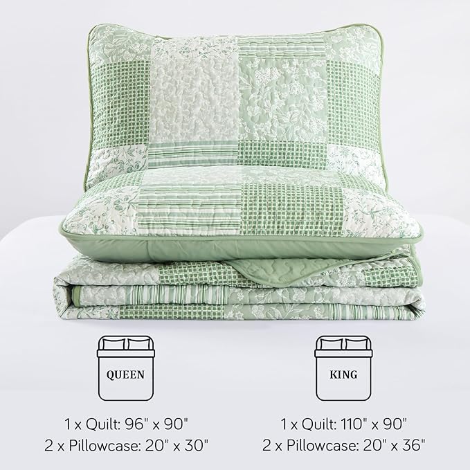 Mybedsoul Light Green Quilt Set Queen Size, 3 Pieces Plaid Floral Bedspread Set Patchwork Reversible Bedding Set Microfiber Lightweight Bedspread Coverlet Set for All Season 96"x90"