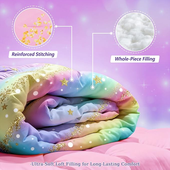 Rainbow Bedding Set Twin Size – 6-Piece Reversible Girls Comforter with Deep-Pocket Sheet, Gradient Galaxy Design, Whole-Piece Filling, Machine Washable Bed-in-a-Bag for Kids Room Makeover & Gifts