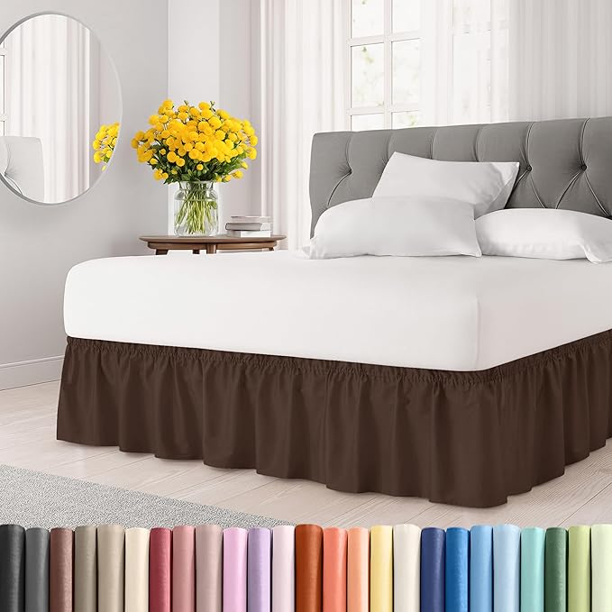 Wrap Around Dust Ruffle Bed Skirt - Brown - for Full Size Beds with 12 Inch Drop - Easy Fit Elastic Strap - Adjustable Pleated Bedskirt w/Brushed Fabric - Wrinkle Free - for Women, Men, Kids & Teens