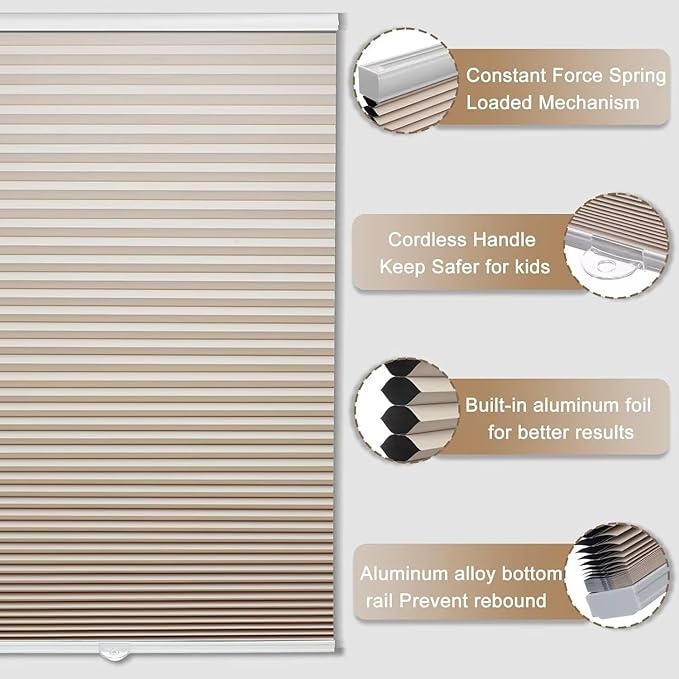 MYshade 1.5-Inch Cellular Cordless Blackout Shades,Thermal Insulating Noise Reducing Waterproof Blinds,Honeycomb Window Treatments for Indoor Light Control (Beige-43 W x 72" H)