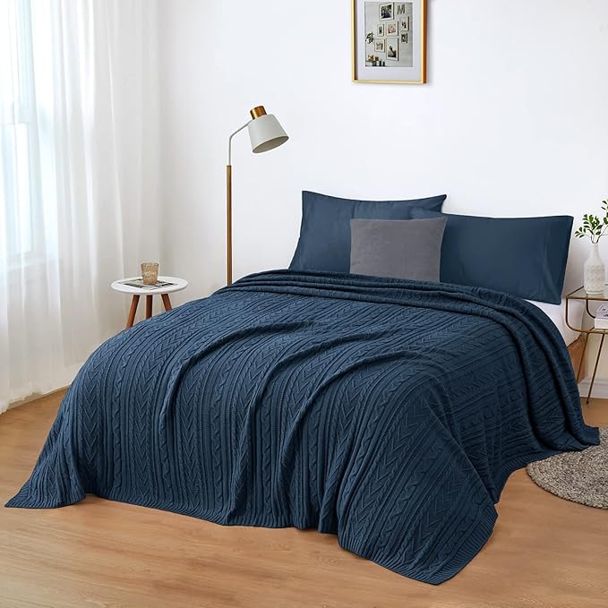 Aormenzy Navy Blue Cable Knit Throw Blanket Queen Size for Bed Couch Sofa, Super Soft Cozy Knitted Blanket 90" x 90" Bed Blankets Full Size
