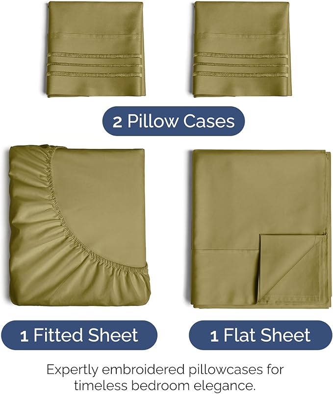 King Size 4 Piece Sheet Set - Extra Soft, Breathable and Cooling - Hotel Luxury Durable Bed Sheets for Women & Men - Deep Pockets, Easy-Fit & Wrinkle-Free - Olive Yellow Oeko-Tex