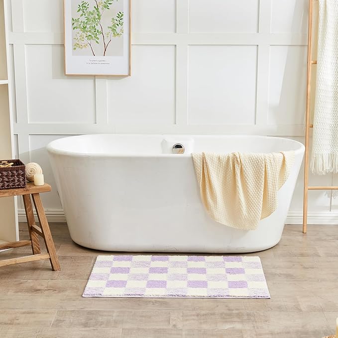 CozeCube Bath mats for Bathroom Non Slip, Fluffy Absorbent Microfiber Bath mat Washable, Aesthetic Bathroom Rugs, Small Purple Checkered Bath mat, Lavender, 24" x 16"