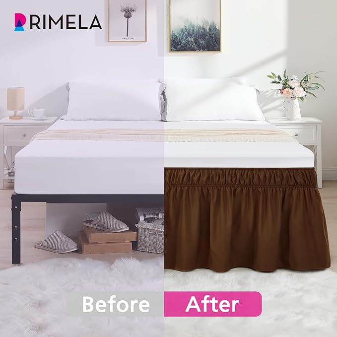 RIMELA Bed Skirt King Size 15 Inch Drop, Elastic Bed Skirting for Bed Base and Frame, Bedding Dust Ruffle Easy to Install, Wrap Around Adjustable Bedskirt, Chocolate Brown