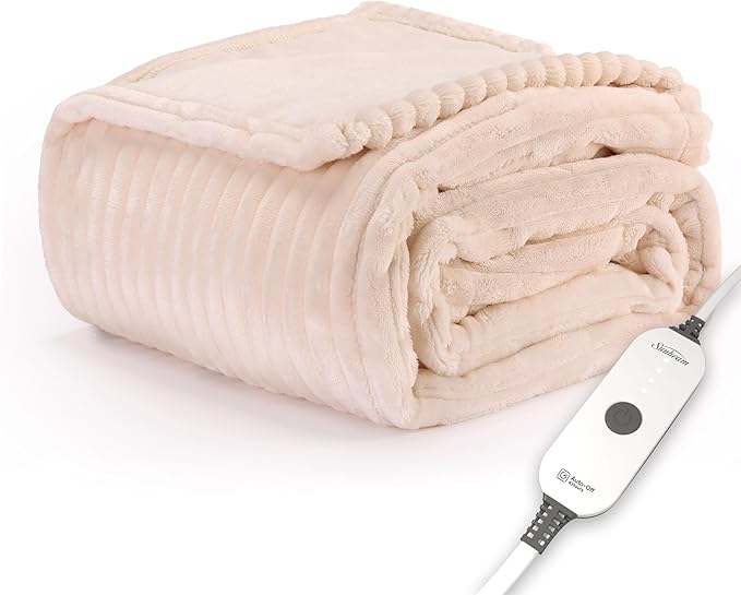 Sunbeam Electric Throw Royal Posh Velvet Heated Blanket, 4 Heat Settings, 4-Hour Auto Shut-Off, Fast Heating, Lush, Silky, and Ultra Comfy, Ribbed Champagne Color, 50" x 60"