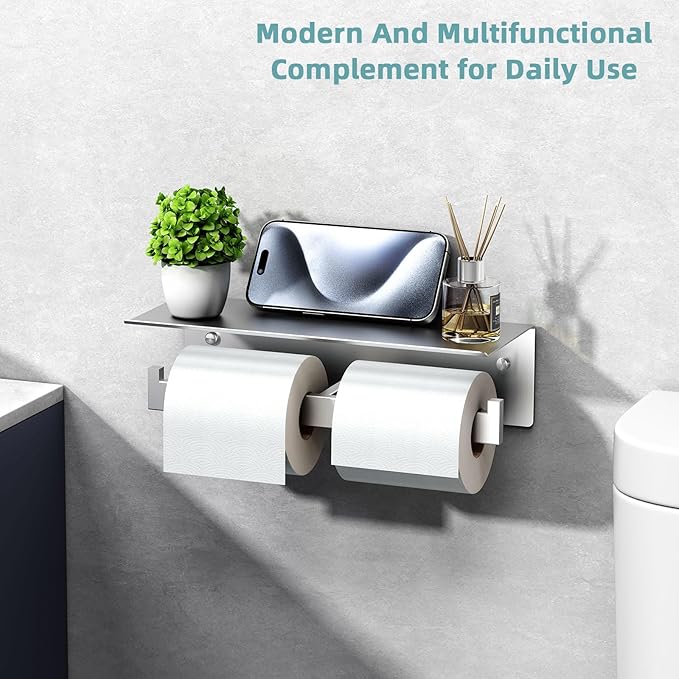 Angle Simple Double Toilet Paper Holder with Shelf, SUS 304 Stainless Steel Bathroom Lavatory Toilet Tissue Roll Holder Wall Mount, Brushed Nickel