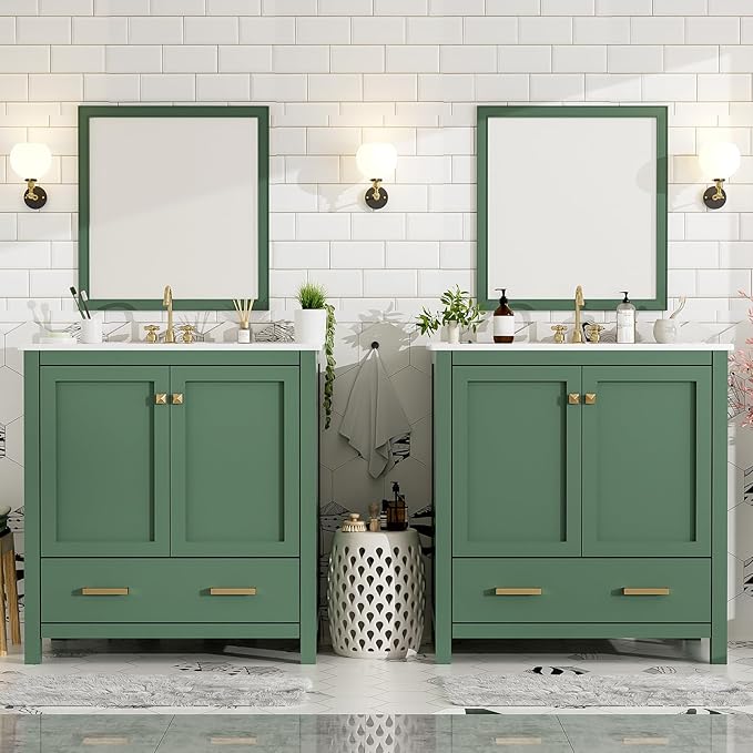 60" Bathroom Vanity Set with Double Vanities, Double Ceramic Sinks, Storage Shelf, Soft Closing Doors, Divided Drawers (Mirror not Included), Large Bathroom Vanity Sink Set (Green)