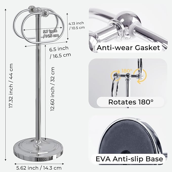 17 Inch Stainless Steel Hand Towel Holder Double Stand Hand Towel Ring for Washcloths or dishcloths Non-Slip Base Free Standing Towel Rack for Bathroom Kitchen (Chrome)