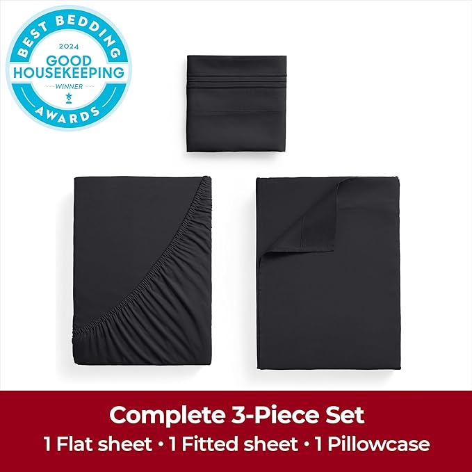Mellanni Twin XL Sheets Set - 3 PC Iconic Collection Bedding - Hotel Luxury, Extra Soft, Cooling Bed Sheets - Wrinkle, Fade, Stain Resistant (Twin Extra Long, Black)