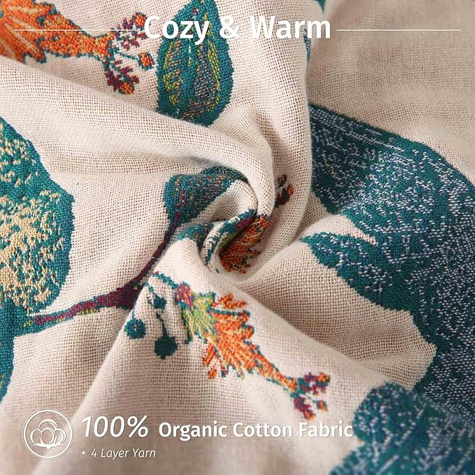 Qidordour Boho Throw Blanket, 80"x90" Muslin Blankets, 100% Organic Cotton Blanket for Couch Sofa, Lightweight Quilt, All Season Bed Throw, Farmhouse Home Decor, B-Hummingbird Fruit