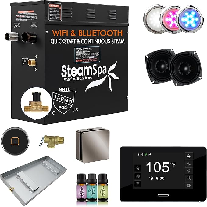 SteamSpa Steam System 7.5kW Steam Shower Generator with Bluetooth Wifi, Quickstart Continous Steam, Advanced Touch Pad Screen, Chroma Lights, Drain Pan and Auto Drain Brushed Nickel RVBS750BN-A