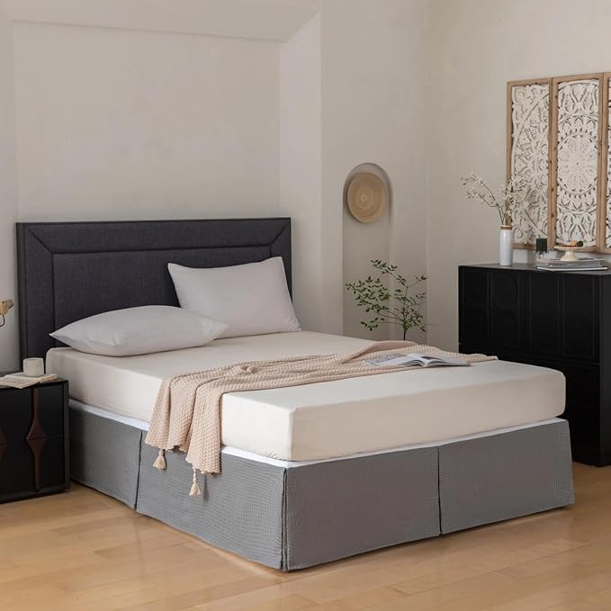 Queen Bed Skirt, Wrap Around Bed Skirt with Pleated Corner, 14 Inch Drop Pleated Waffle Weave Bedskirts, Anti-Slip, Microfiber, Grey, 14'' Queen