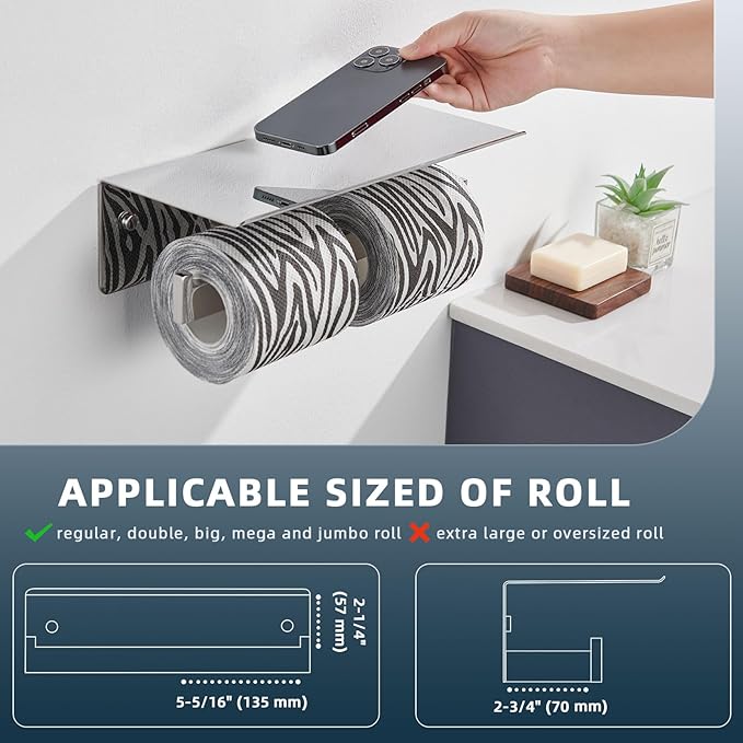 Angle Simple Double Toilet Paper Holder with Shelf Polished Chrome, 304 Stainless Steel Toilet Tissue Roll Holder Wall Mount