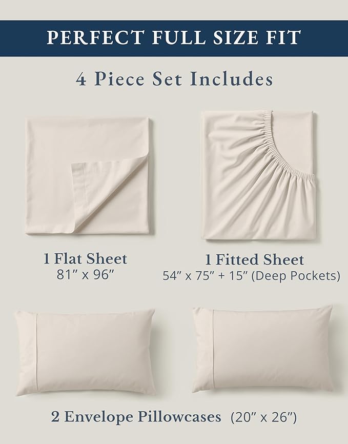 LANE LINEN 100% Organic Cotton Full Sheets Set 4-Piece Pure Percale Long Staple Soft Bedding Breathable Fits Mattress Upto 15" Deep - Glacier Grey