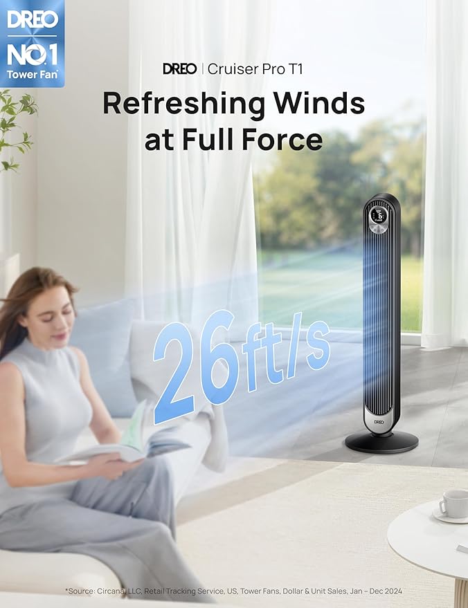 Dreo Smart Tower Fan WiFi Voice Control, Works with Alexa/Google, Cruiser Pro T1S Floor Standing Bladeless Oscillating Fan with Remote, 6 Speeds, 4 Modes, 12H Timer, for Indoor Bedroom Home Office