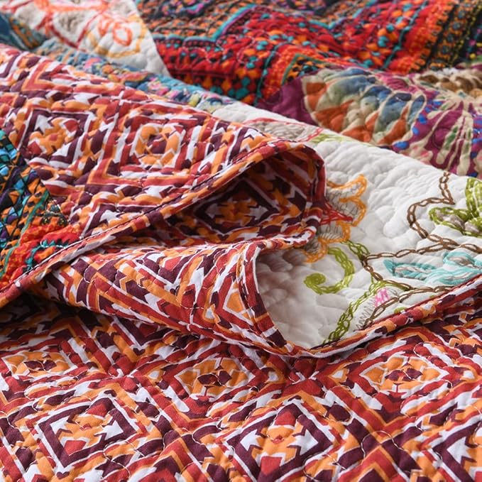 Autumn Dream Cotton Patchwork Bedspread Quilt Sets, Reversible Bedding Coverlet Sets, Red Gorgeous Vintage Pattern, QueenSize