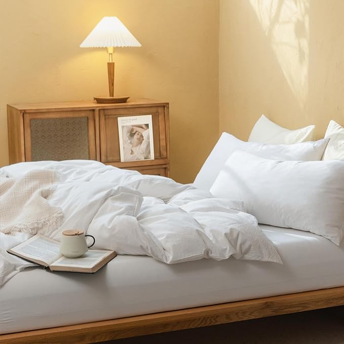 FOSSA White Duvet Cover Set, 100% Washed Cotton Linen Feel Super Soft Breathable Cozy 3 Pieces Bedding Sets Solid Off White Oversized Queen