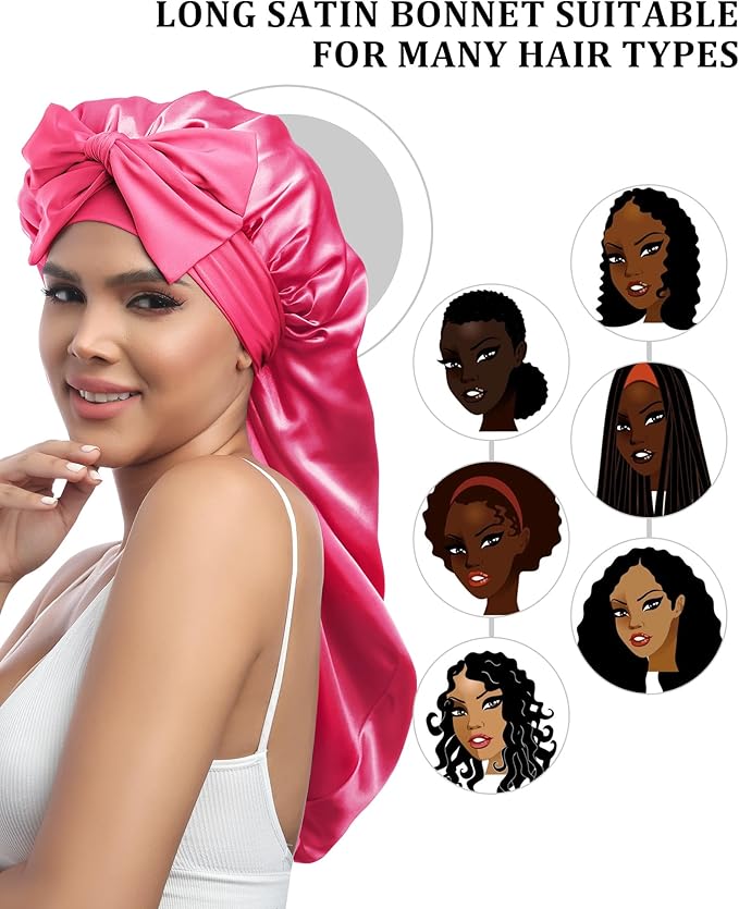 AWAYTR Long Satin Bonnet for Sleeping - Double Layer Reversible Silk Bonnet for Long Hair Women Sleeping Cap with Tie Band