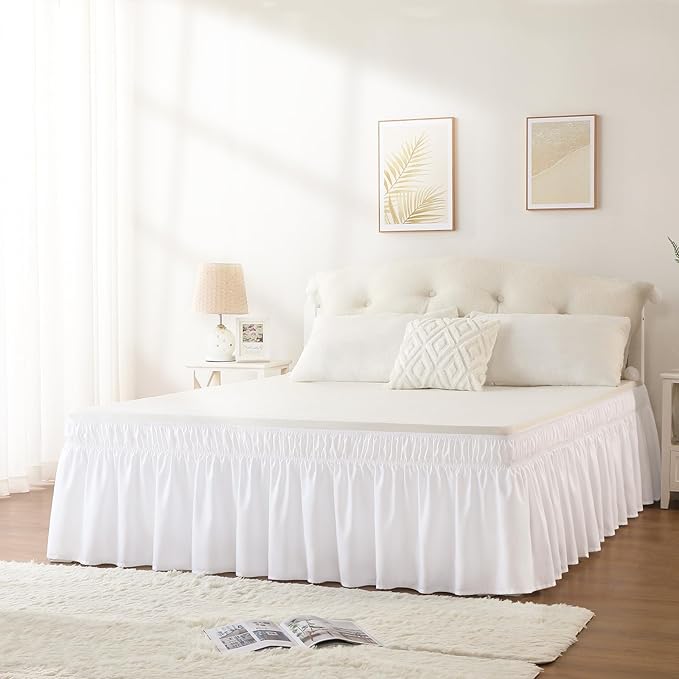 RIMELA White Bed Skirt Queen Size 18 Inch Drop, Elastic Bed Skirting for Bed Base and Frame, Bedding Dust Ruffle Easy to Install, Lightweight Wrap Around Adjustable Bedskirt