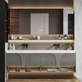 Double Bathroom Vanity with Sink, 88IN Floating Bathroom Vanity Set with Smart Defogging Mirror Cabinet and Open Shelf, Oak Wood Bathroom Cabinet with Two Drawers and Bottom Open Storage (Grey)