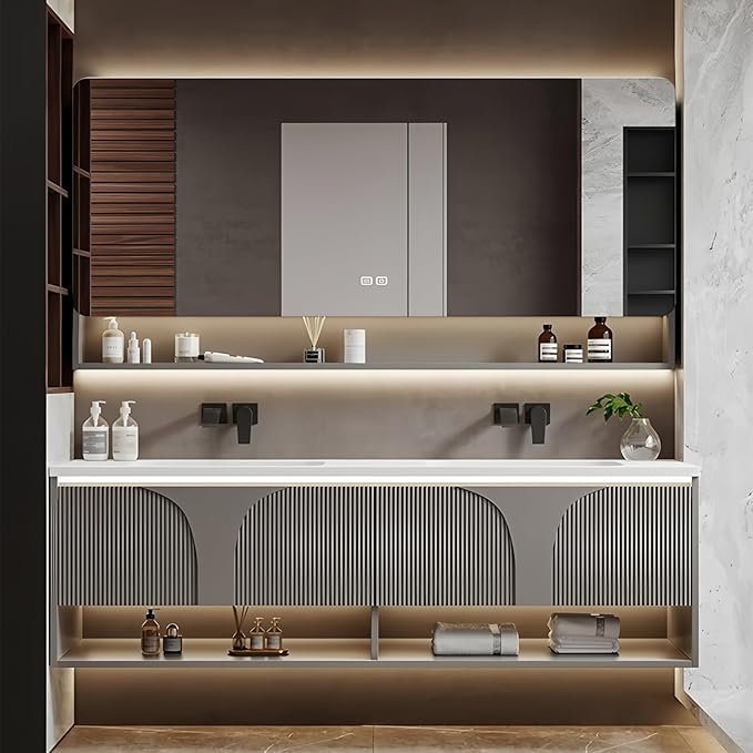 Double Bathroom Vanity with Sink, 92IN Floating Bathroom Vanity Set with Smart Defogging Mirror Cabinet and Open Shelf, Oak Wood Bathroom Cabinet with Two Drawers and Bottom Open Storage (Grey)