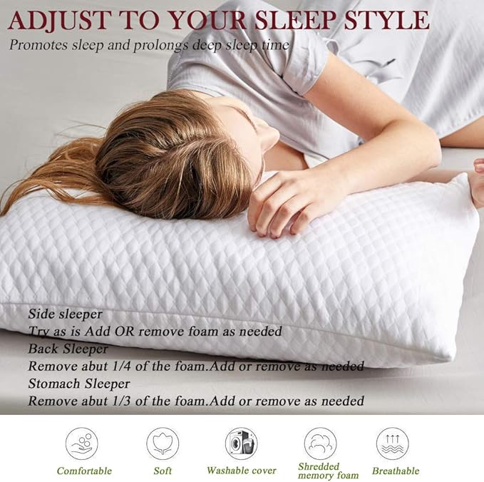 NTCOCO 2 Pillows, Shredded Memory Foam Bed Pillows for Sleeping, with Washable Removable Cooling Hypoallergenic Sleep Pillow, Queen -2 Pieces