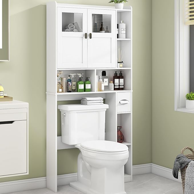 Vabches Over The Toilet Storage Cabinet, Bathroom Shelf Over Toilet with Glass Doors and Adjustable Shelves, White Freestanding Home Space Save Toilet Rack for Restroom, Bathroom, Laundry