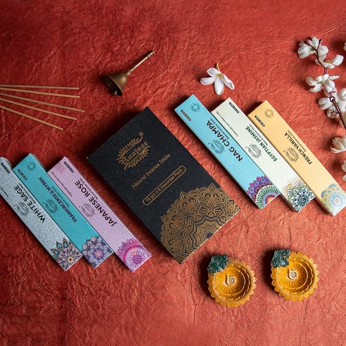 raajsee Incense Sticks 6 Pack Variety Set 15gm Each, Nag Champa- Jasmine - vanila-Japanese Rose-White Sage,100% Organic Hand Rolled- Perfect for Yoga, Meditation,Aromatherapy