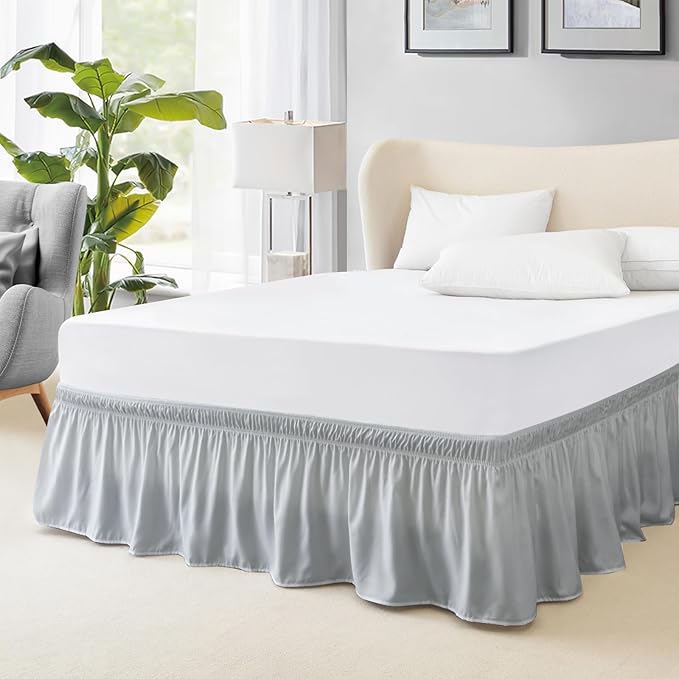 FreshCulture Elastic Wrap Around Bed Skirt - Easy Fit with 15-Inch Tailored Drop, Hotel Quality Dust Ruffle for Full Size Bed (Light Grey)