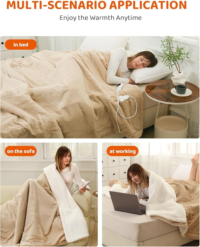 Heated Blanket Electric Blanket Twin Size, Faux Fur Heat Blanket, Super Soft Cozy Heating Blanket with 9 Heating Levels & 1-9 Hours Auto Off, Fast Heating & Overheat Protection, 62" x 84", Beige