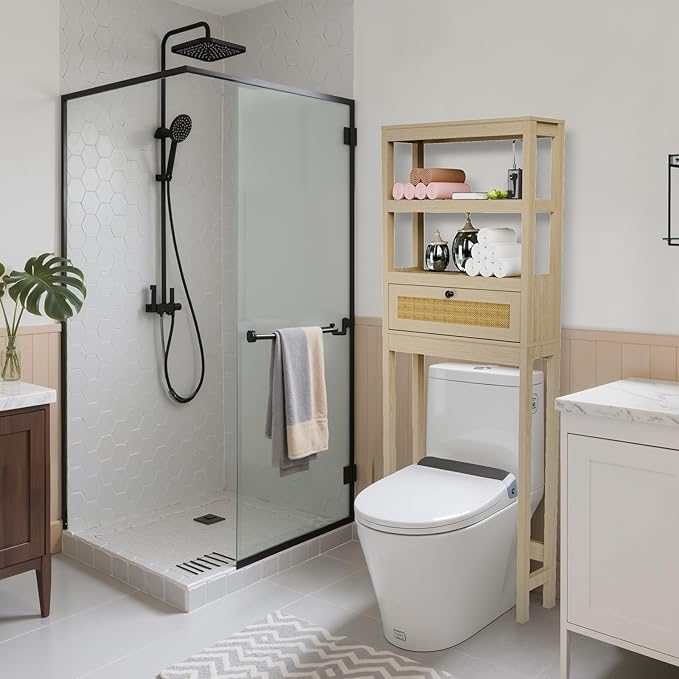 Over The Toilet Storage Cabinet, Behind Toilet Bathroom Organizer with Adjustable Shelves, Above Toilet Organizers with Rattan Door, Space Saver for Restroom, Bathroom, Laundry