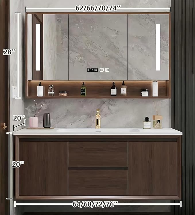 Bathroom Sink Vanity 76Inch, Floating Bathroom Vanity with LED Smart Defogging Mirror Cabinet and Open Shelf, Multi-Layer Solid Wood Bathroom Furniture Cabinet, Wall Mount Installation (Walnut)