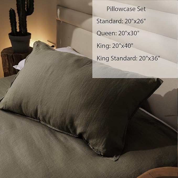 XZ XIFA Standard Pillowcases - 2 Pack - Envelope Closure - 100% Natural Washed French Flax, Breathable, Durable, Textured Pillow Covers 20"x26"(Standard, Olive Green)
