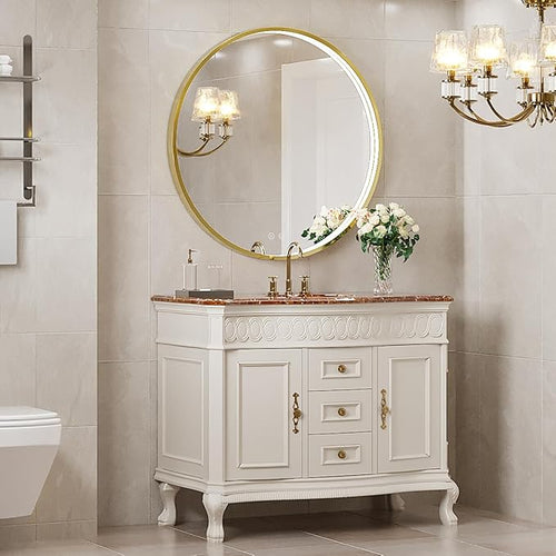 32" Round LED Bathroom Mirror, Dimmable Anti-Fog Vanity Mirror with Touch Control, 6000K Natural Light, Gold Metal Frame, Wall Mounted for Makeup Shaving (IP54, 90+ CRI)