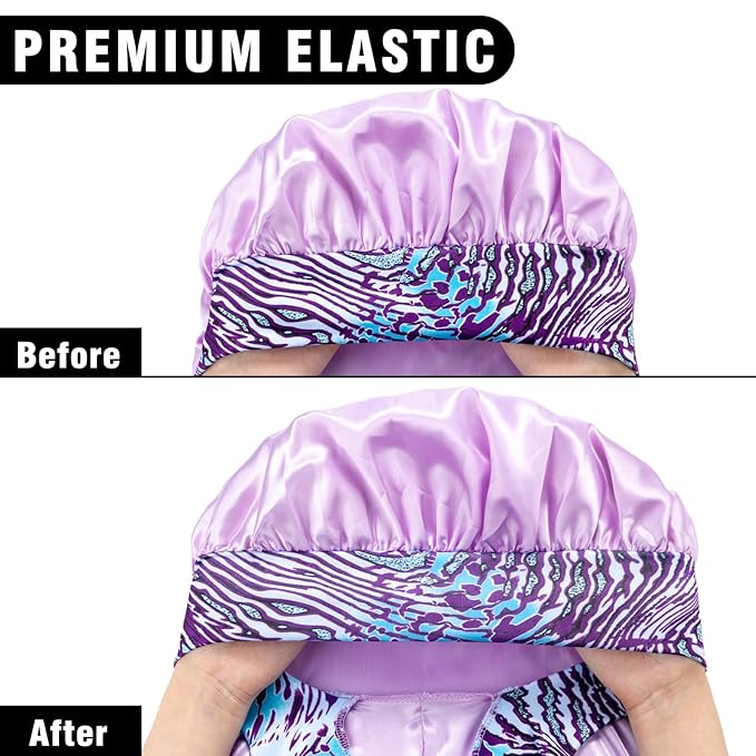2Pcs Bonnets for Black Women Braid Bonnet, Large Long Satin Silk Bonnet for Braids,Black Women Braid Bonnet with Stretchy Tie Band for Sleeping Extra Long (Black&Light Purple Pattern
