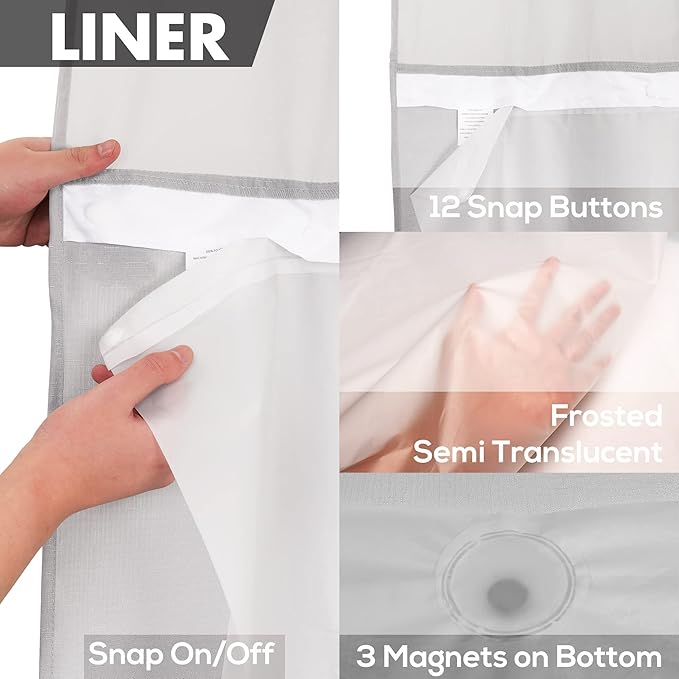 River Dream Extra Long No Hook Slub Textured Shower Curtain with Snap-in PEVA Liner Set - 71" x 86"(84"), Hotel Style with See Through Top Window, Grey Fabric Curtain & Waterproof Liner, Gray, 71x86
