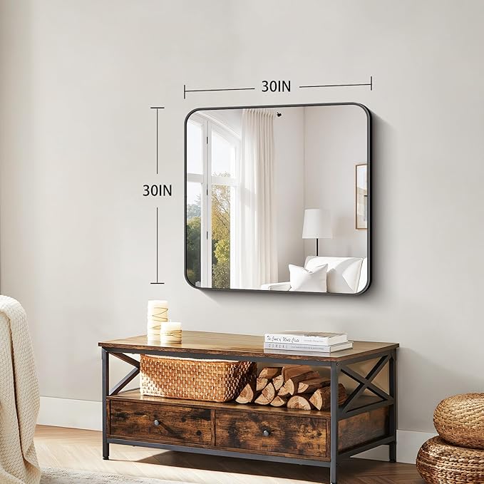 Koonmi Black Framed Bathroom Mirror - 30x30 Inch Shatterproof Tempered Glass Vanity Mirror for Bathroom Sink, Wall Mounted with Matte Aluminum Alloy Frame, No Distortion, Modern Decor