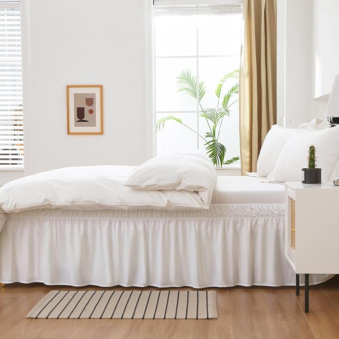 MEILA Wrap Around Bed Skirt Three Fabric Sides Elastic Dust Ruffled 16 Inch Tailored Drop,Easy to Install Fade Resistant-Natural White, Queen/King