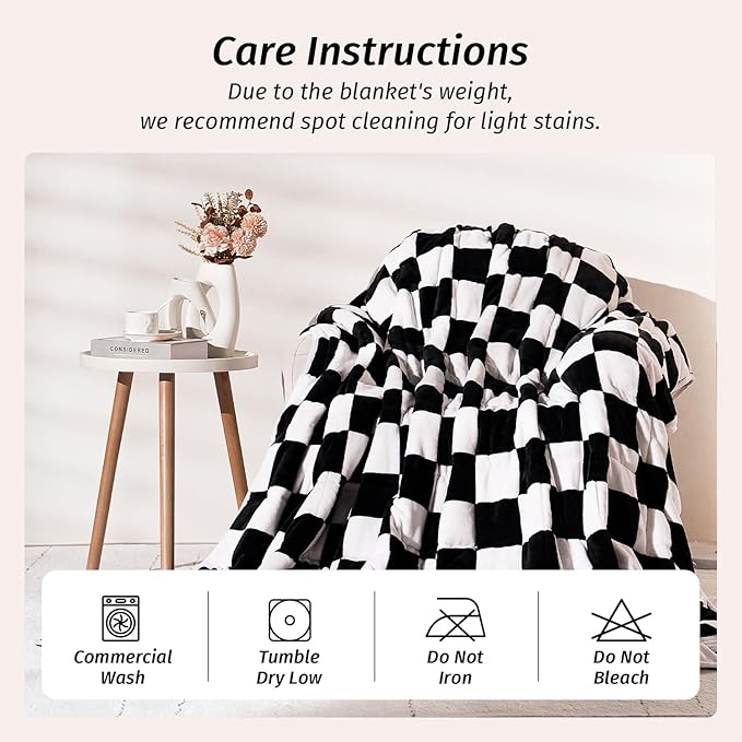 Wemore Flannel Fleece Weighted Blanket for Adult Queen Size 15 lbs, Dual Sided Luxurious Checkerboard Grid Heavy Blankets, Ultra Soft Throw Blanket, Plaid Black, 60 x 80 inches