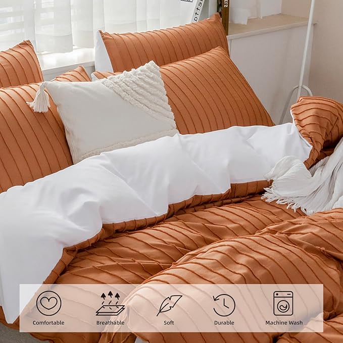 JELLYMONI Duvet Cover King Size Rust and White - 3PCS Boho Striped Duvet Cover Set Polyester Tufted Bohemian Textured Comforter Cover with Corner Ties & Zipper Closure