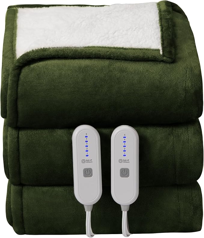 Heating Blanket Queen Size Washable - 84 x 90 Inch Double Zone Electric Blanket with 10 Hours Auto Off, 5 Heat Settings, Soft Flannel Sherpa Heated Blanket for Bed, ETL Certified, Green