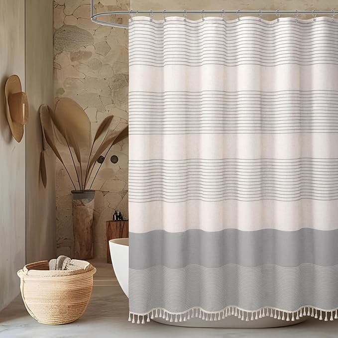 Awellife Farmhouse Grey Shower Curtain for Bathroom Linen Texture Stripe Tassel Shower Curtain 72 X 72 Inches Neutral
